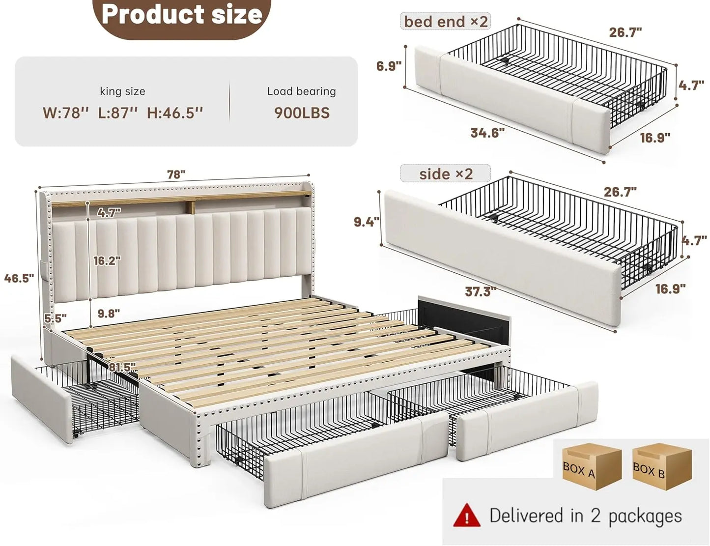 XMSJ Upholstered Bed Frame With Storage Drawers Headboard And Shelves