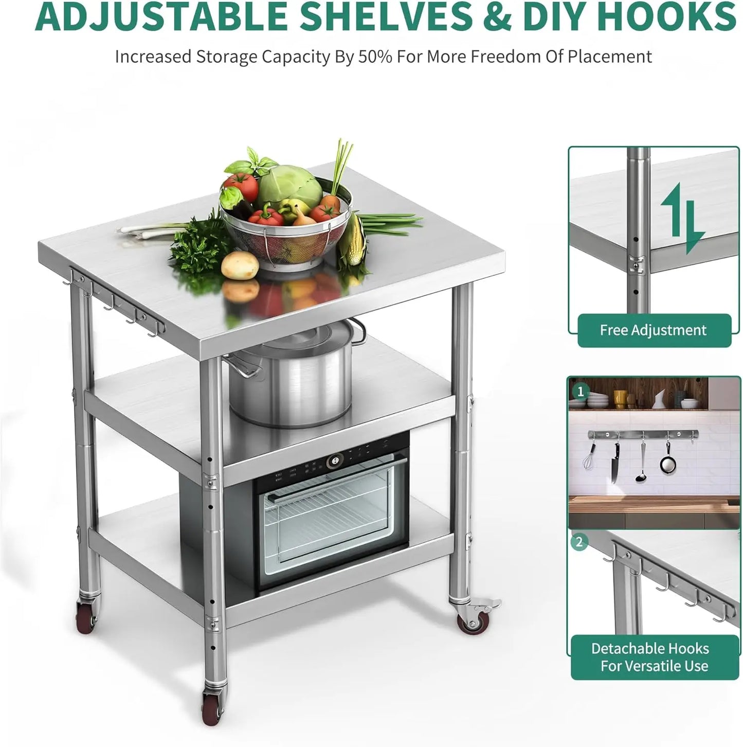 XMSJ NSF Stainless Steel Table With Wheels Three Shelf Workbench