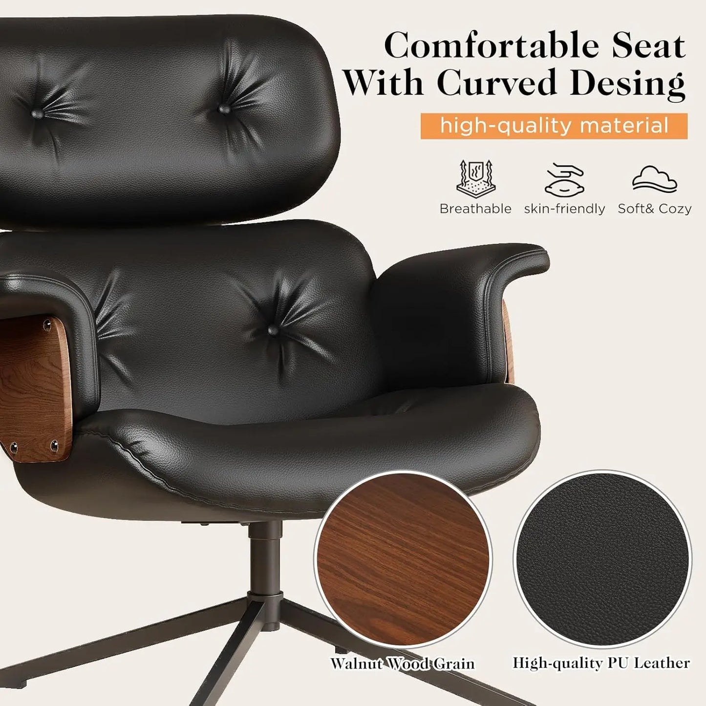 XMSJ Mid Century Reclining Swivel Chair With Ottoman Walnut Wood Base