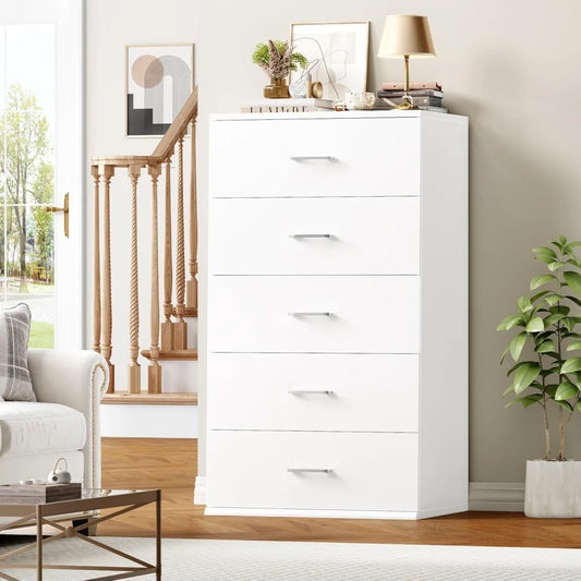 Modern Tall Dresser With Five Drawers And Metal Handles