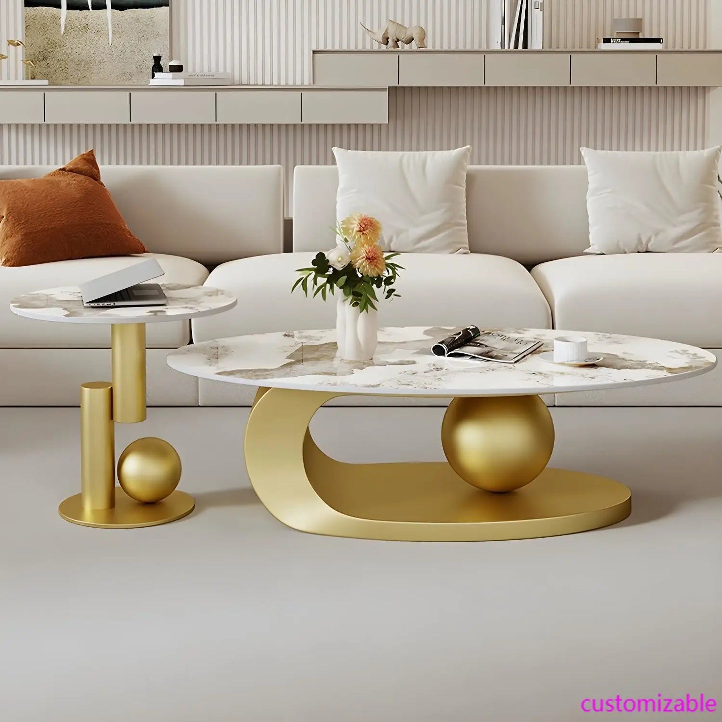 XMSJ Modern Stone Coffee Table With Abstract Metal Base
