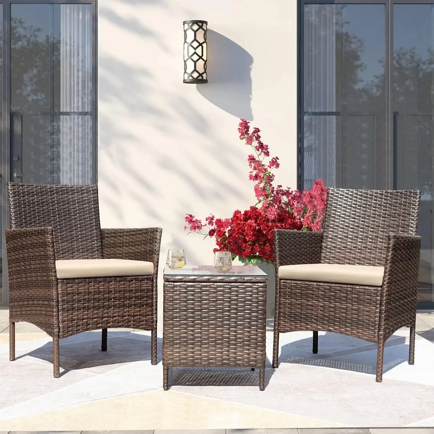 XMSJ 3 Piece Outdoor Patio Furniture Set Rattan Wicker Table