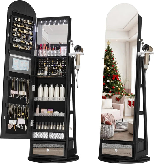 XMSJ 360 Degree Swivel Arched Jewelry Mirror Cabinet With LEDs