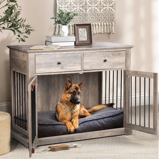 DAFIFY Wooden Dog Crate End Table With Storage Drawers