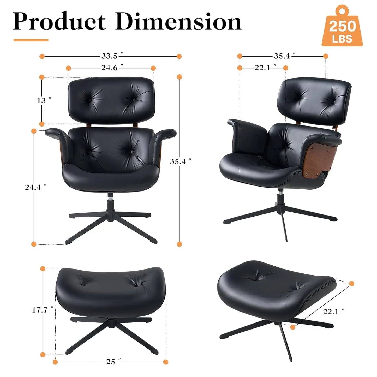 XMSJ Mid Century Reclining Swivel Chair With Ottoman Walnut Wood Base