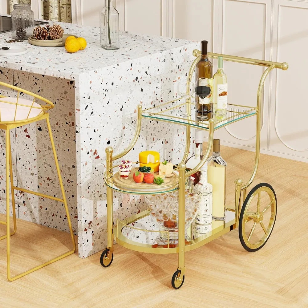 3-Tier Rolling Bar Cart With Mirrored Shelves And Wheels