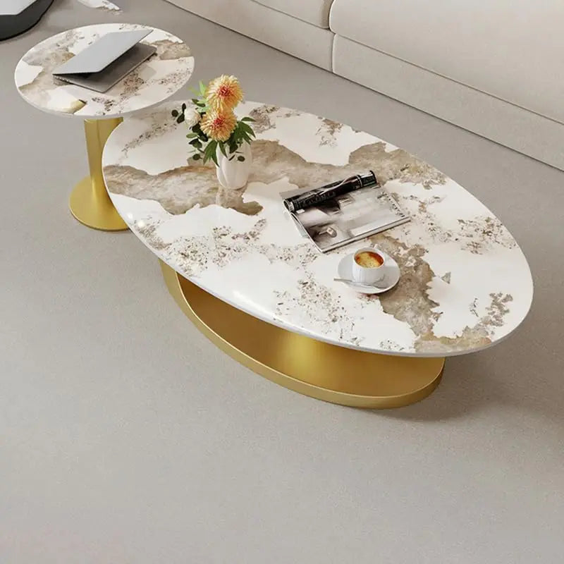 XMSJ Modern Stone Coffee Table With Abstract Metal Base