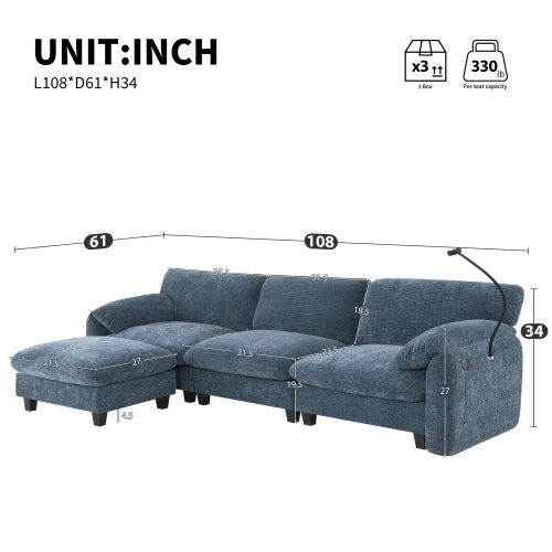 USB Type C Modular L Shaped Chenille Sofa With Pockets