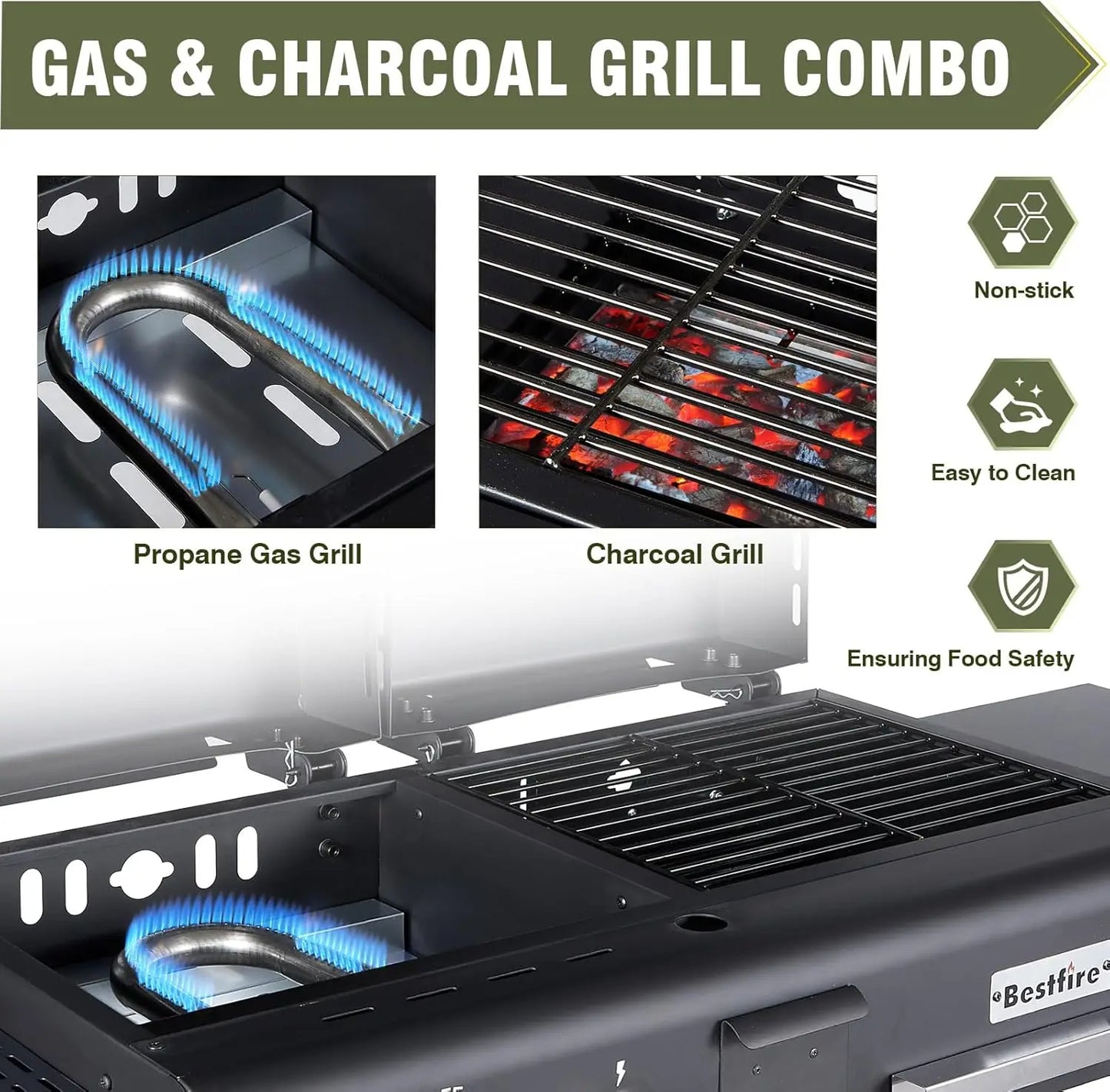 XMSJ Dual Fuel Propane Charcoal Grill Combo With Flat Top
