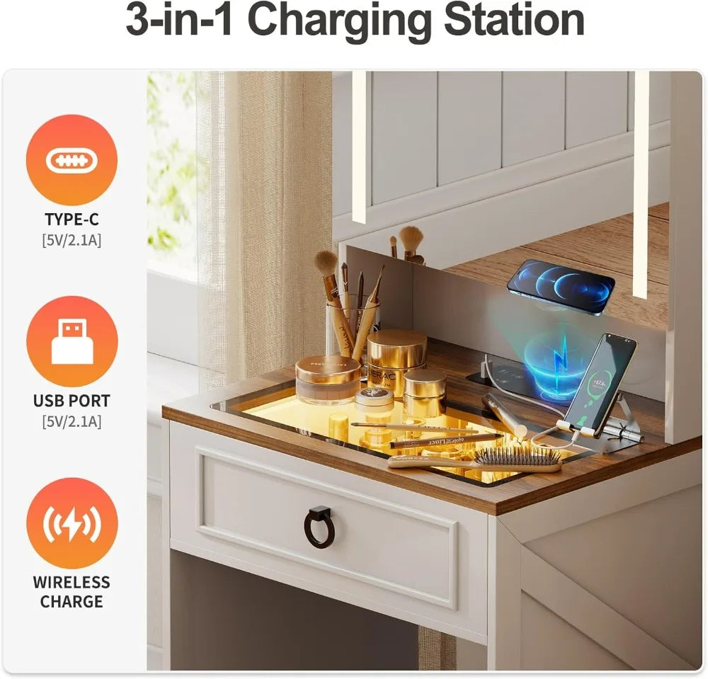 LED Vanity Desk With Lighted Mirror Charging And Jewelry Storage