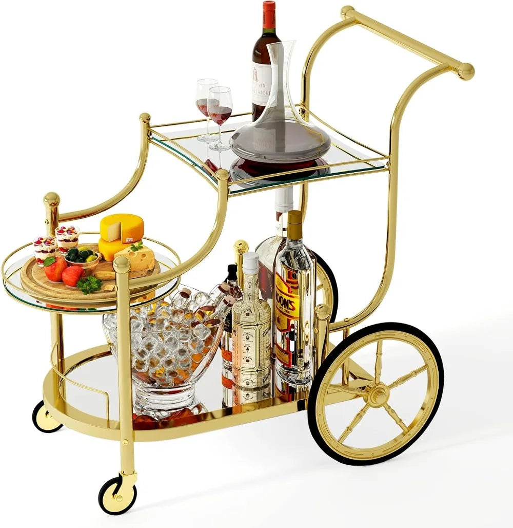 3-Tier Rolling Bar Cart With Mirrored Shelves And Wheels