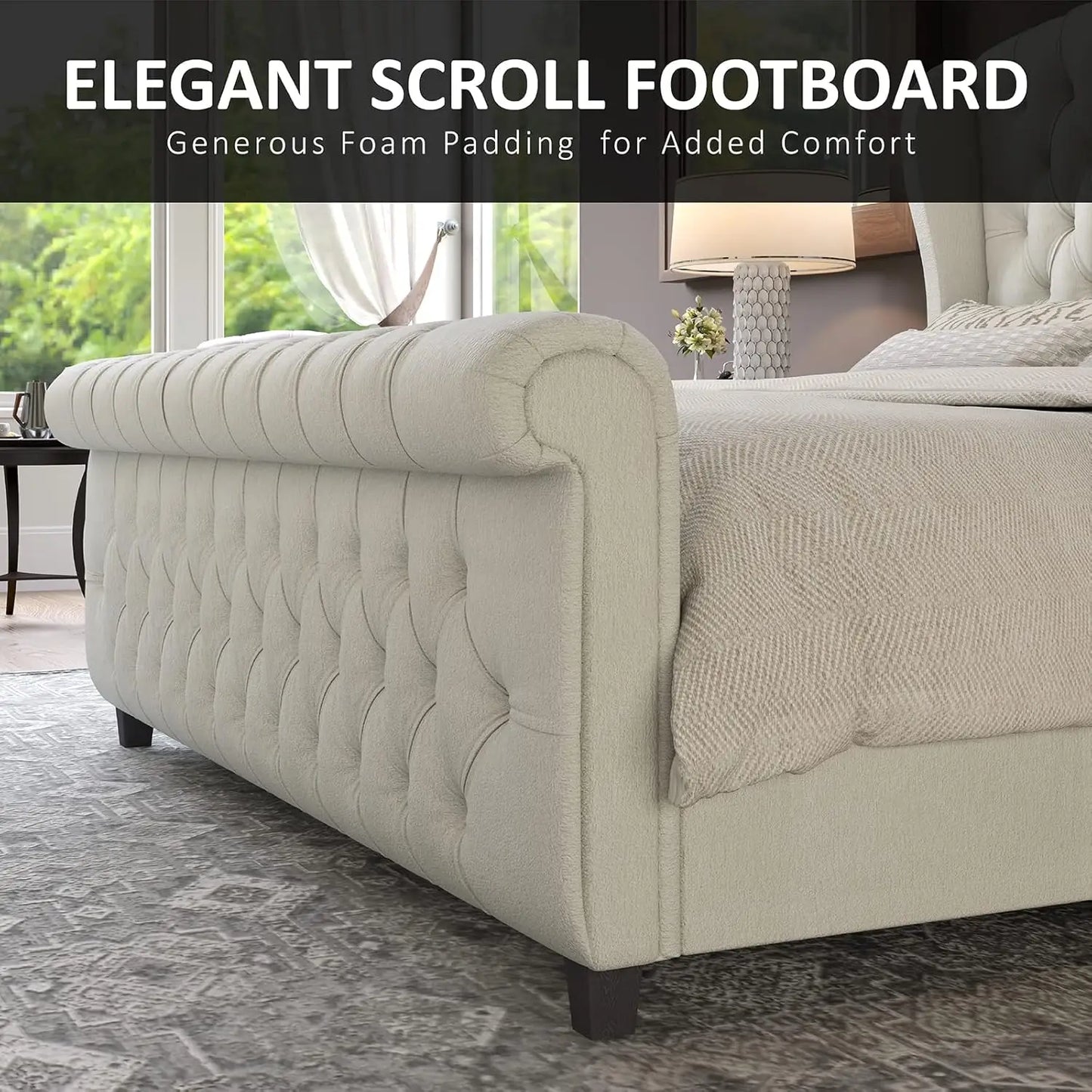 XMSJ Chenille Upholstered Sleigh Bed With Wingback Headboard Footboard