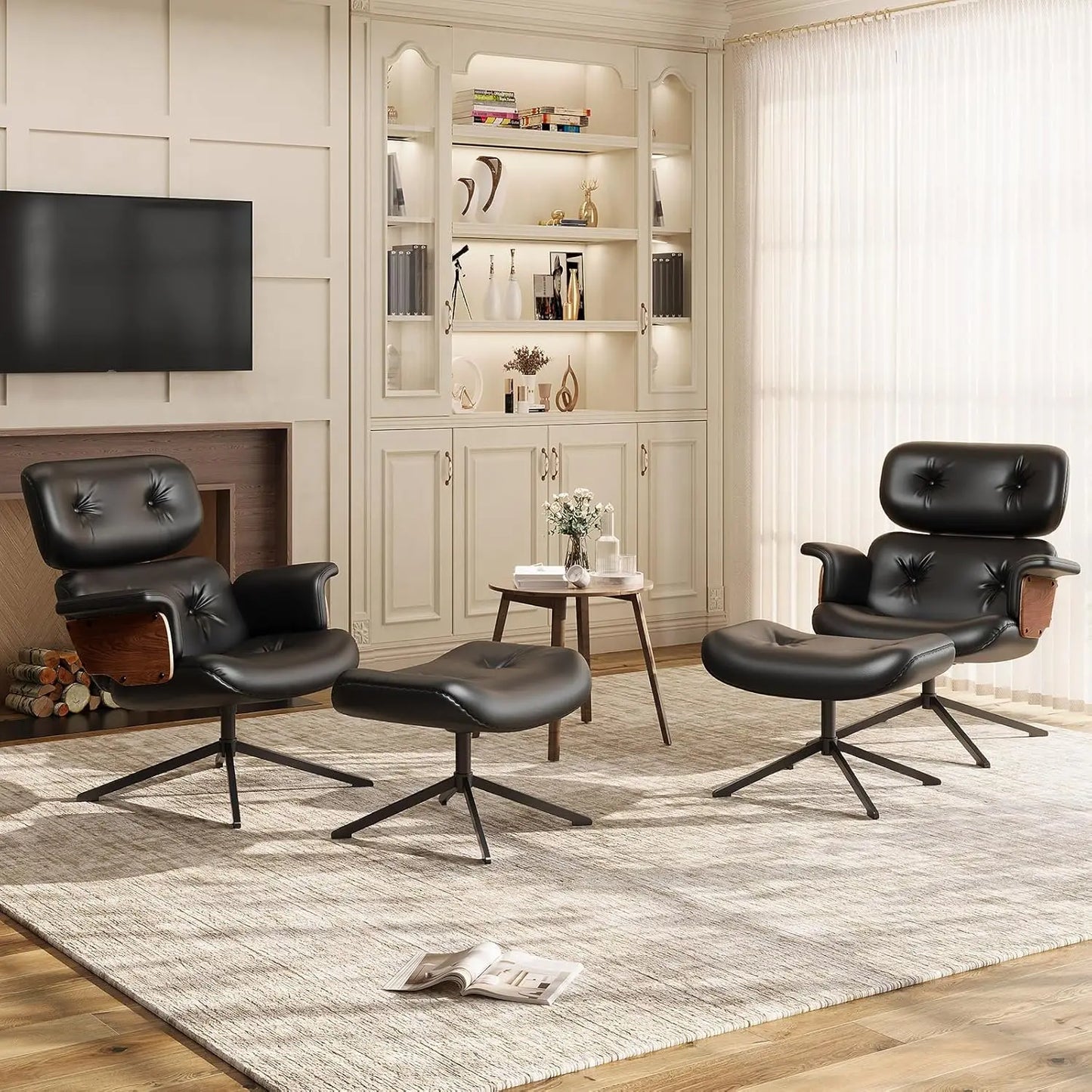 XMSJ Mid Century Reclining Swivel Chair With Ottoman Walnut Wood Base