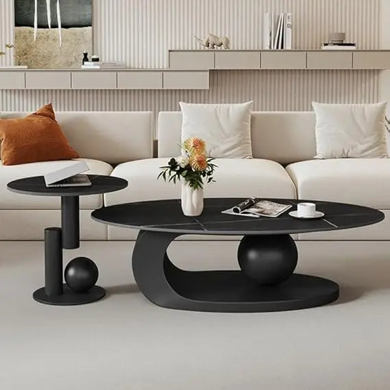 XMSJ Modern Stone Coffee Table With Abstract Metal Base