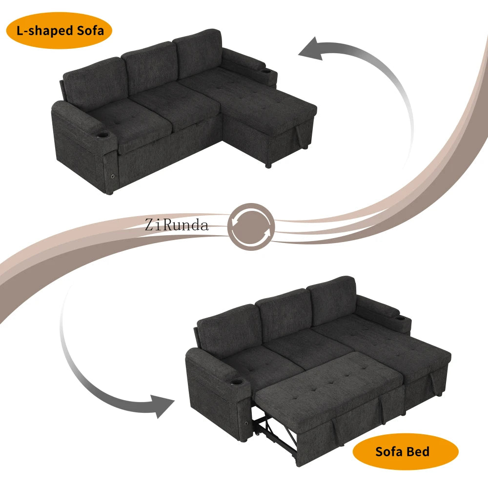 L Shaped Convertible Sofa Bed With Storage And USB Ports