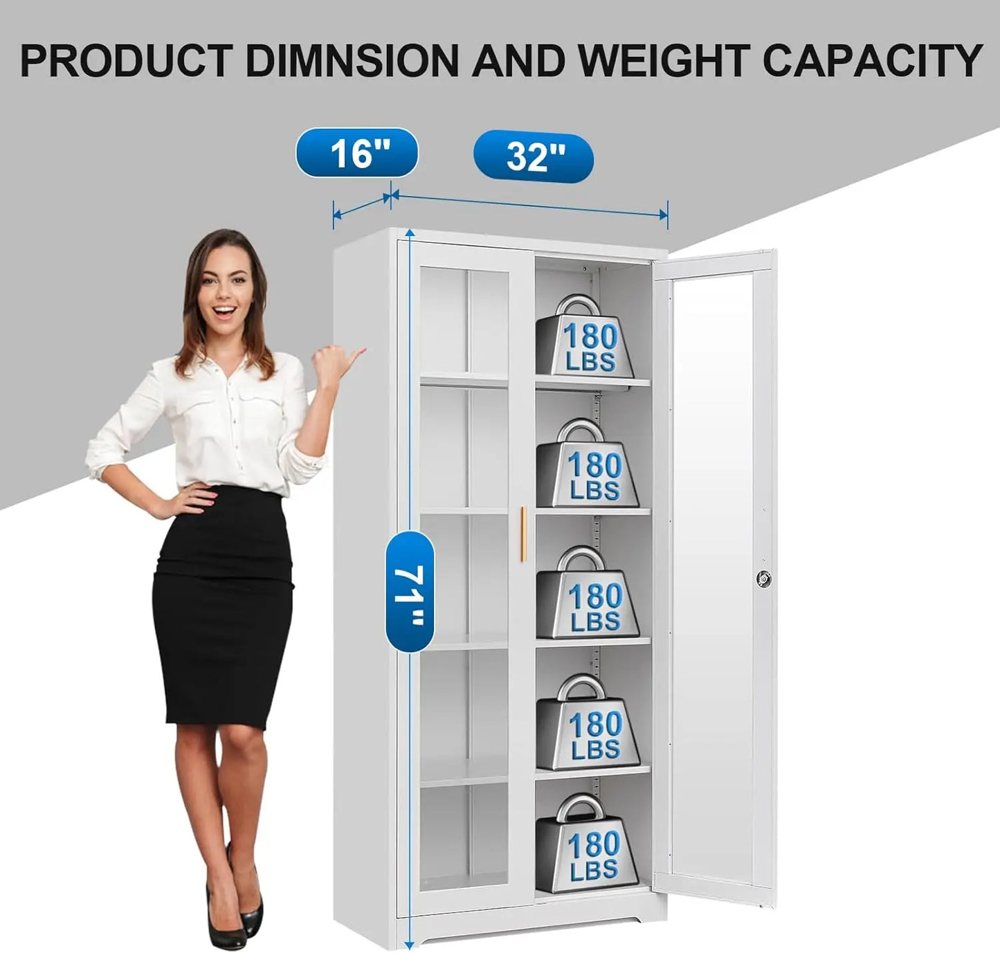 XMSJ Metal Display Cabinet With Glass Doors Curio Lockable Shelves
