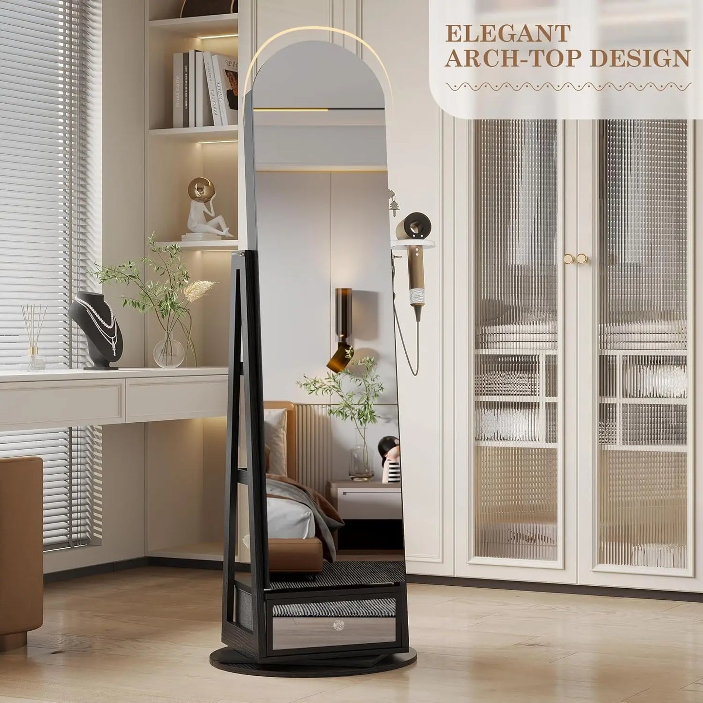 XMSJ 360 Degree Swivel Arched Jewelry Mirror Cabinet With LEDs