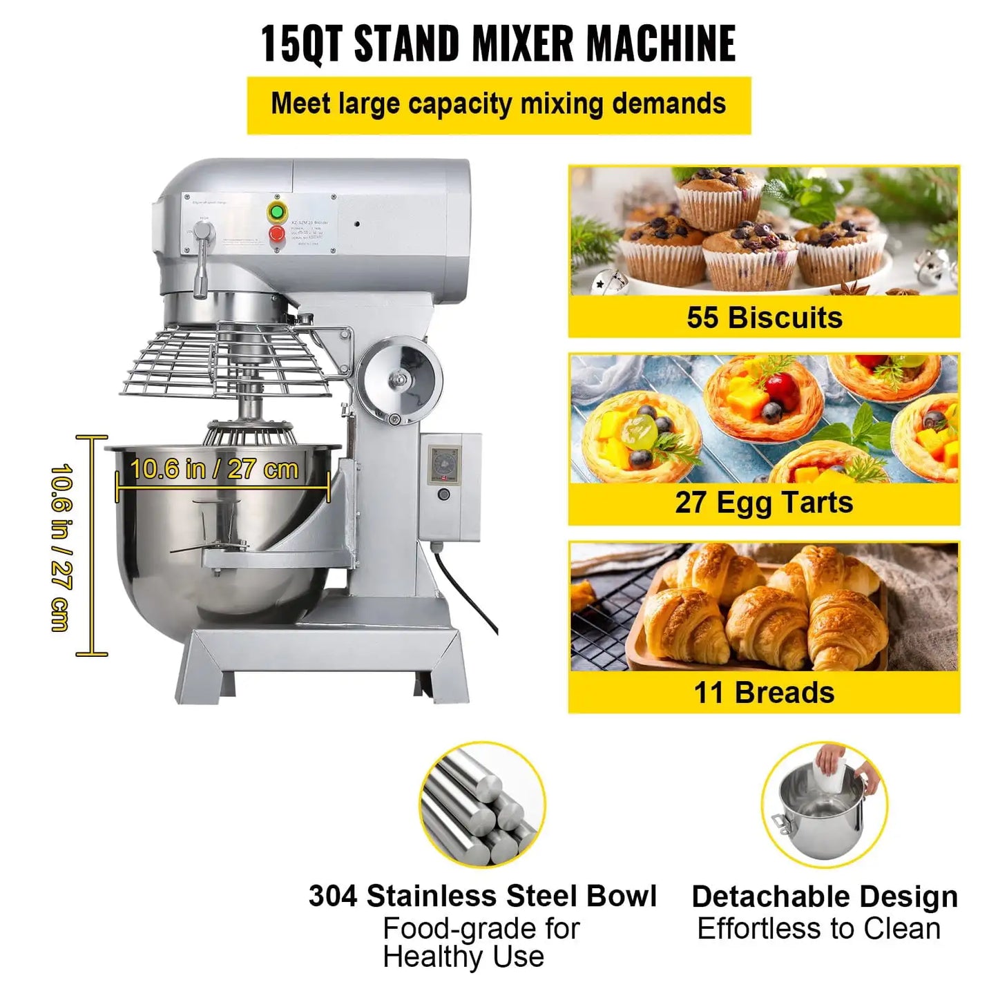 XMSJ Commercial Food Mixer Heavy Duty 110V Stainless Steel Bowl