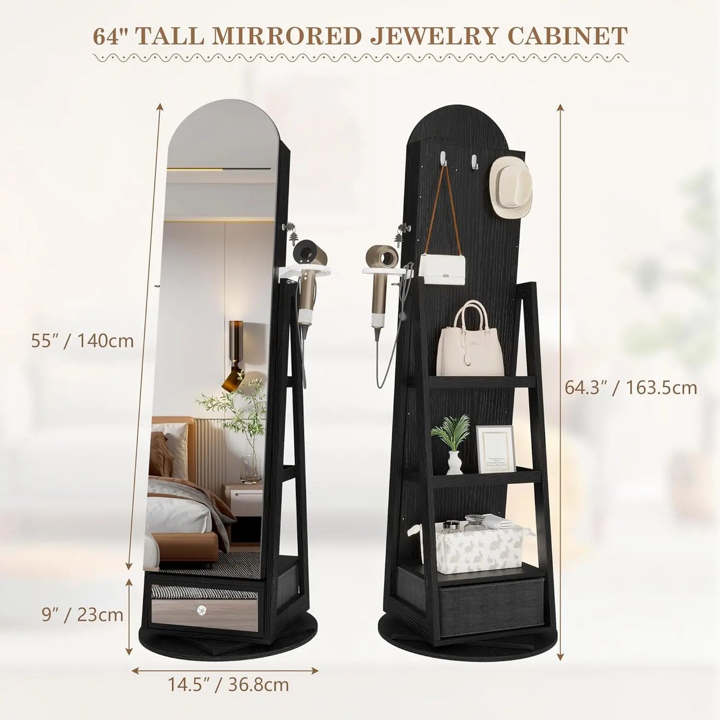 XMSJ 360 Degree Swivel Arched Jewelry Mirror Cabinet With LEDs