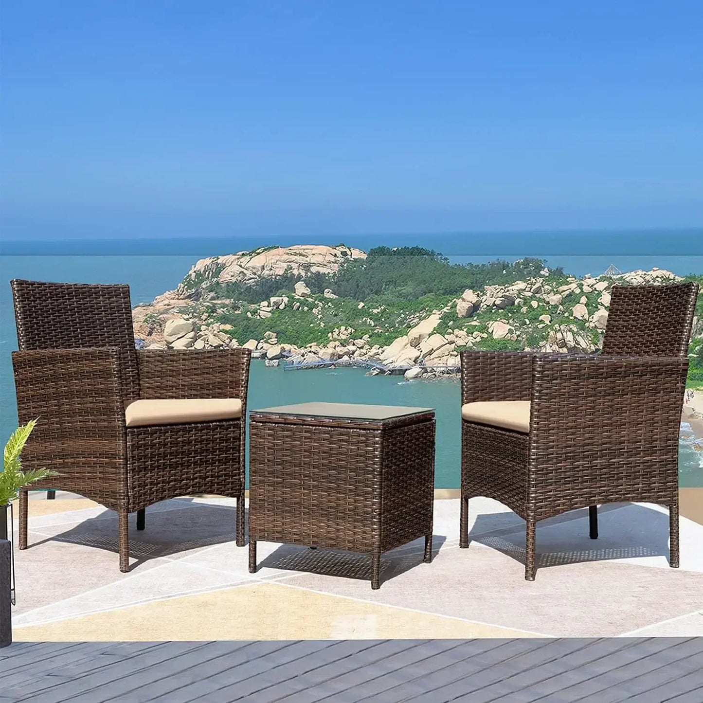 XMSJ 3 Piece Outdoor Patio Furniture Set Rattan Wicker Table