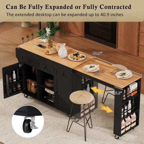 Extendable Kitchen Island With Dining Table And Shelves