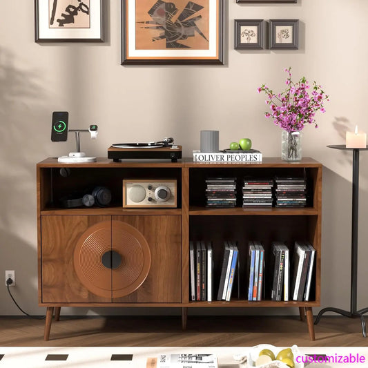 XMSJ Midcentury Record Player Stand With Door Holds 350 Albums